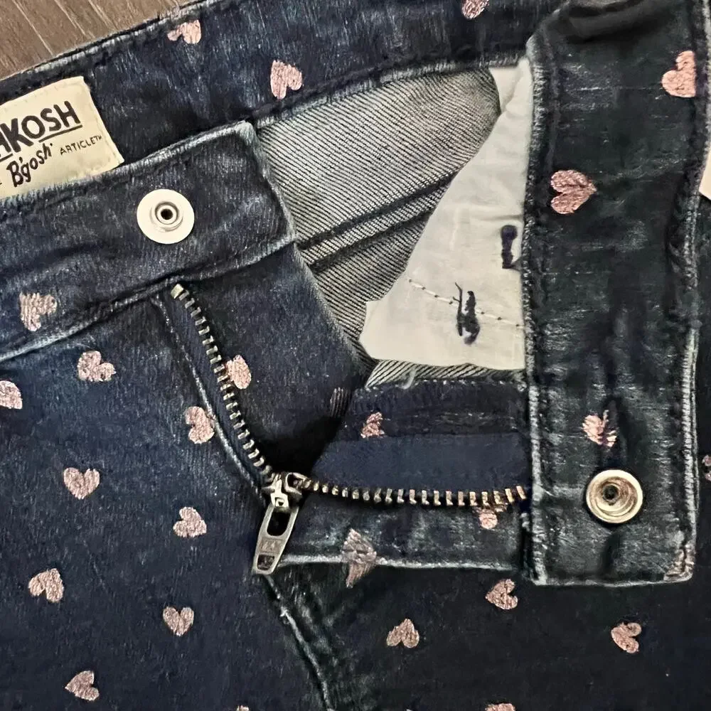 OshKosh B'gosh Denim Shorts Girls 4T Navy Pink Heart Print Stretch Cuffed New